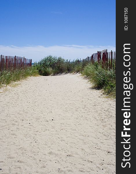 The wide sandy path beckons beachgoers to the ocean shore just past the horizon. The wide sandy path beckons beachgoers to the ocean shore just past the horizon.