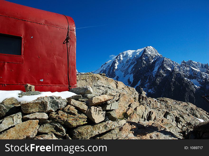 A little mountain hut, west face of Mont Blanc, Italy.