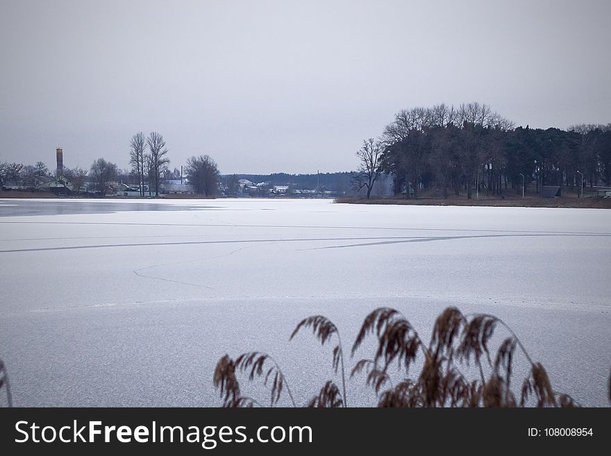 View of the frozen river and shore