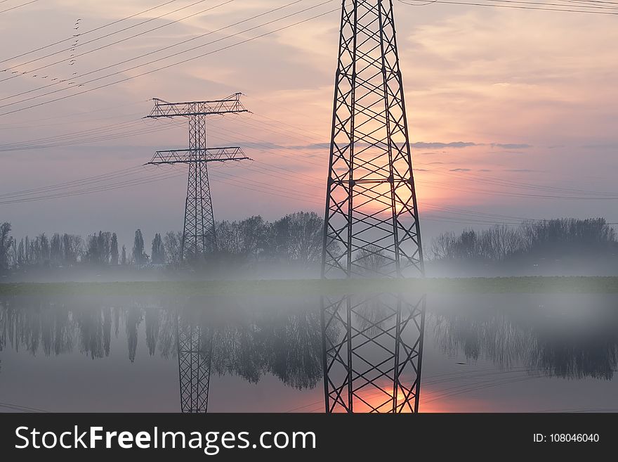 Transmission Tower, Overhead Power Line, Reflection, Sky