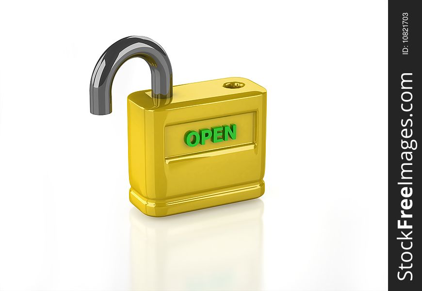 3D gold open lock with white background