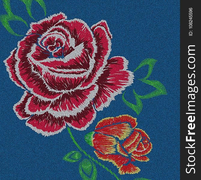 Blue denim generated texture with embroidered rose effect, illustration. Blue denim generated texture with embroidered rose effect, illustration.