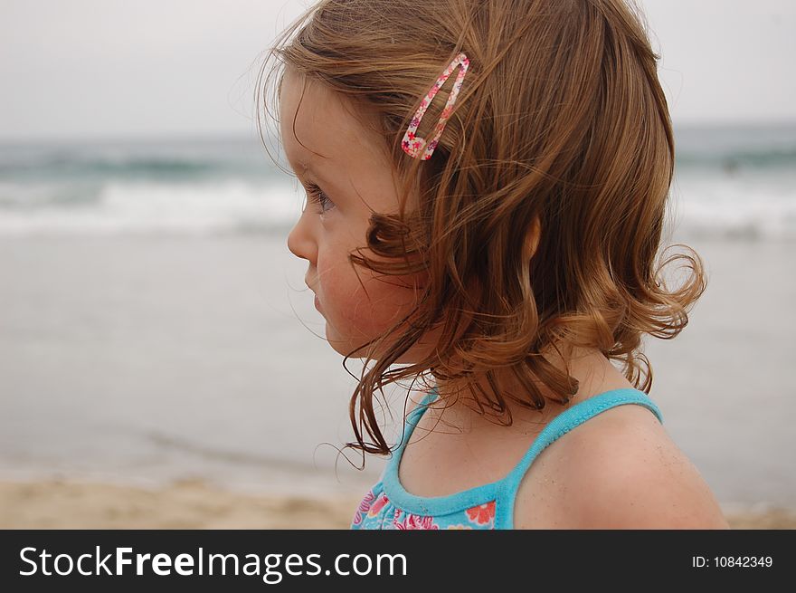 Profile of a Caucasian little girl at the beach on a gray day seriously looking into the distance. Profile of a Caucasian little girl at the beach on a gray day seriously looking into the distance