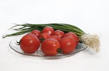 Tomatoes And Green Onion In A Plate Stock Photo Tomatoes And Green Onion In A Plate Stock Photo