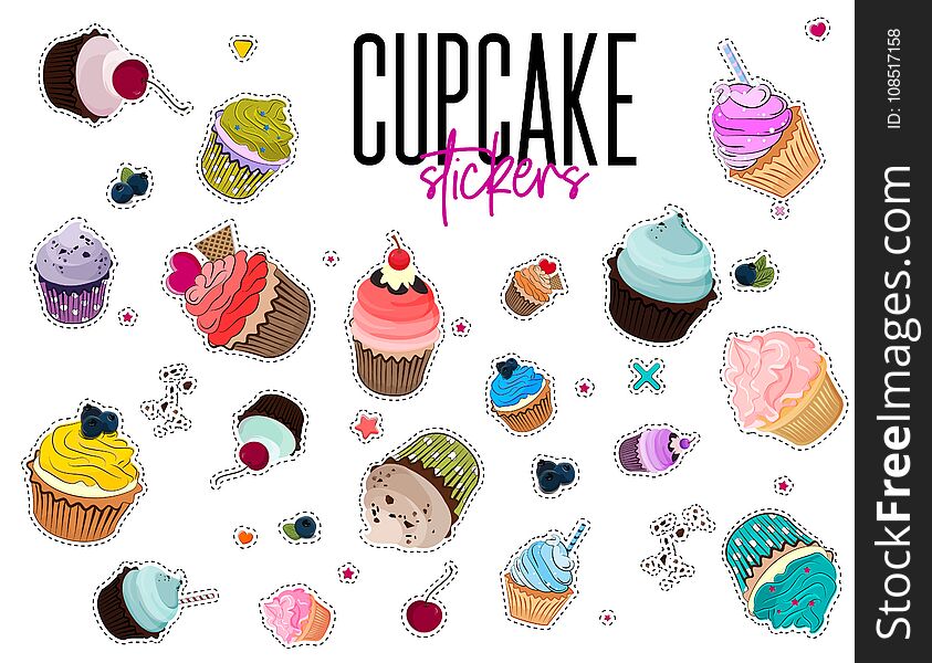 Vector multi colored bakery stickers. Food pin with muffins. Cartoon Cupcake set patch. Sweet dessert summer collection. Frosted b