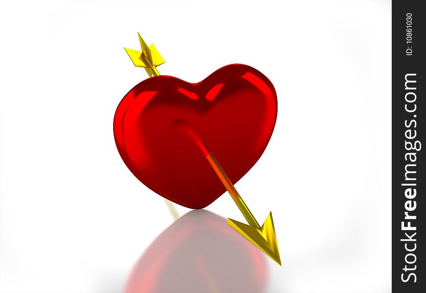 3D glossy heart with gold arrow on white background