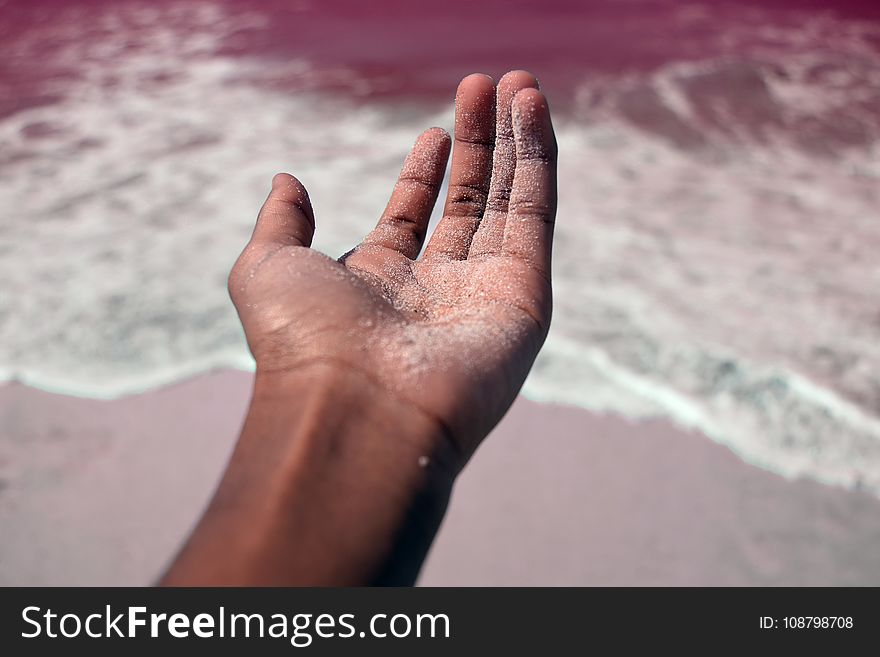 Person&x27;s Left Hand Covered With Sand