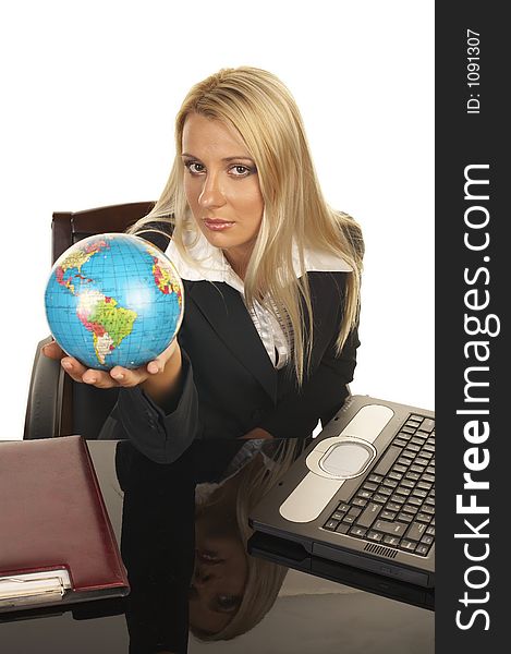 Young businesswoman with globe in her hand. Young businesswoman with globe in her hand