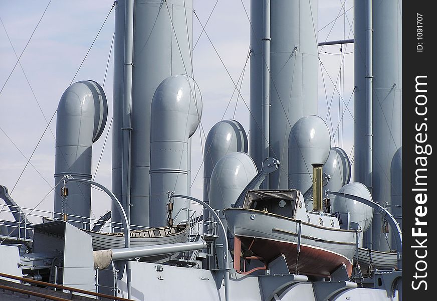 Pipes of Aurora cruiser steam ship in Saint-Petersburg