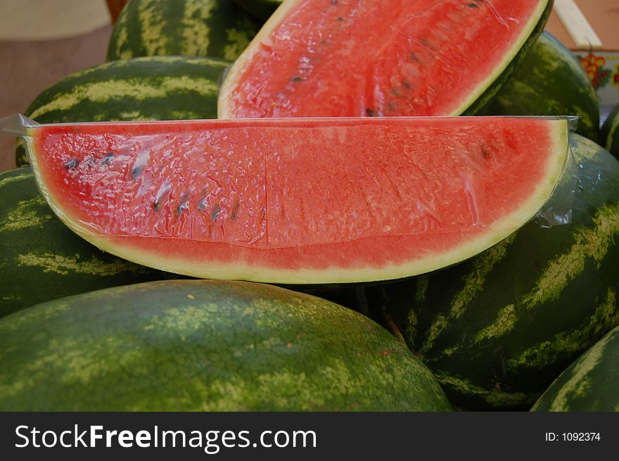 Slices of watermelon on the market in Zagreb, Croatia. Slices of watermelon on the market in Zagreb, Croatia