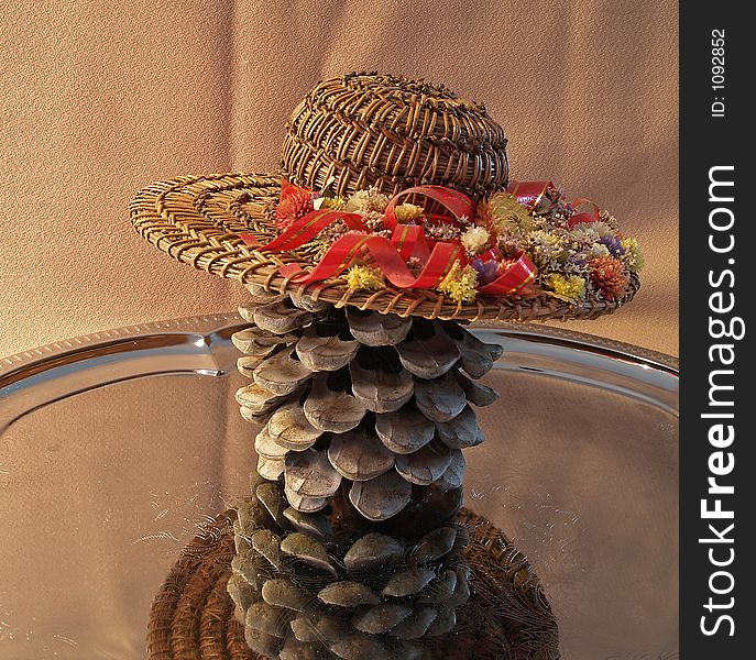 Reflections of straw hat on umbrella nut, close-up