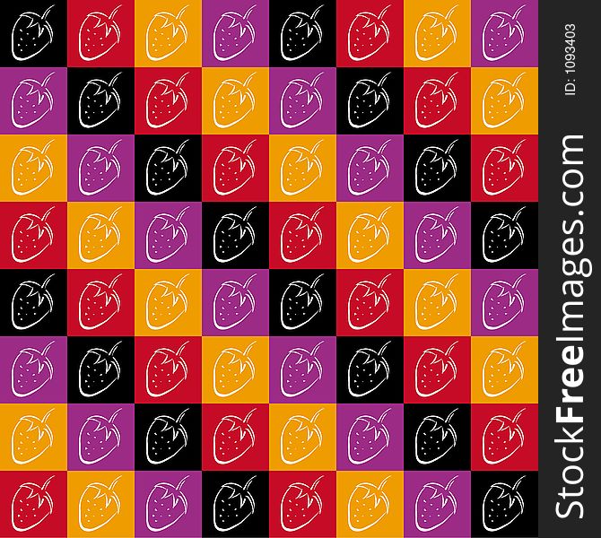 An hand drawn image of a strawberry shown as a repeat pattern over squares of black, red, yellow and purple. An hand drawn image of a strawberry shown as a repeat pattern over squares of black, red, yellow and purple