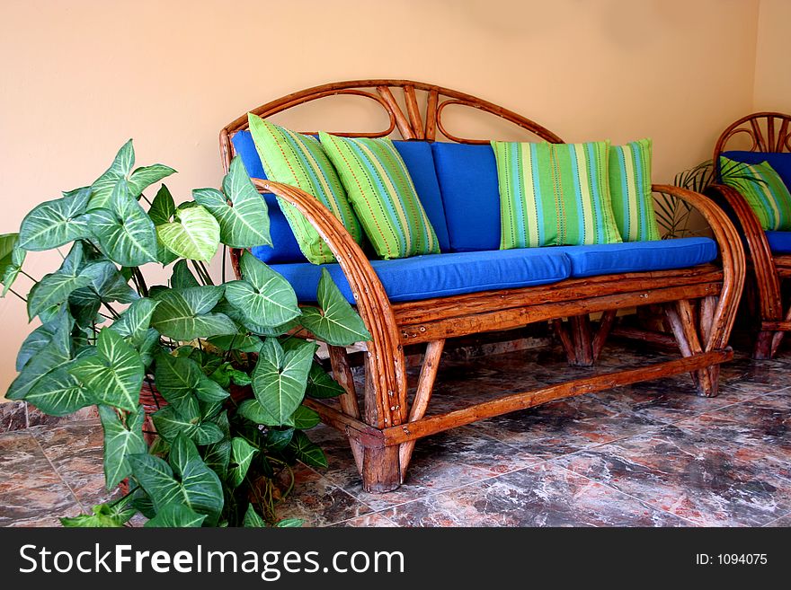 Wooden sofa in a terrace. Wooden sofa in a terrace