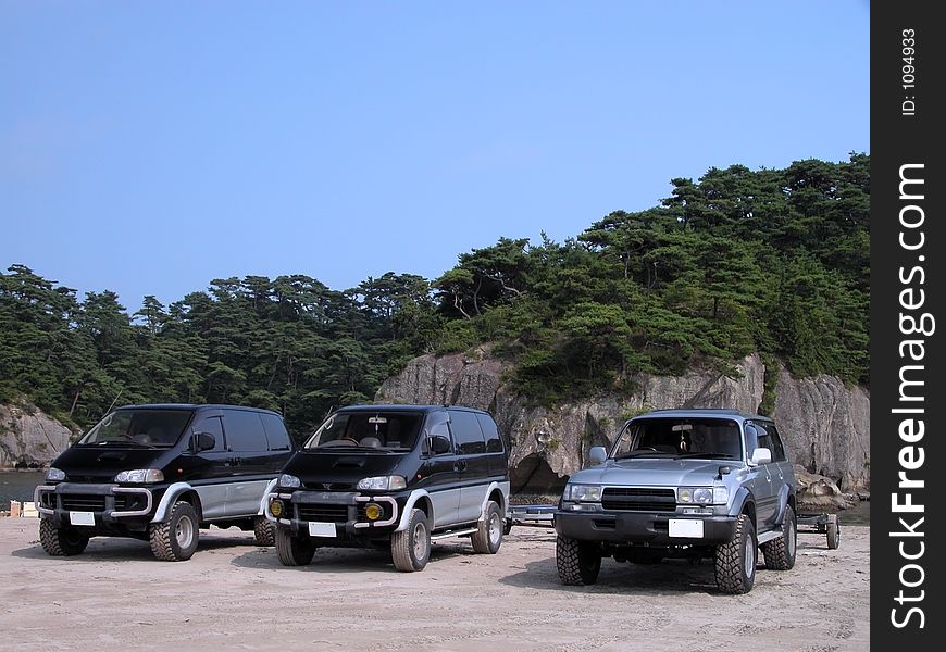 Three jeeps in an outdoor area-Matsushima Bay,Japan. Three jeeps in an outdoor area-Matsushima Bay,Japan.