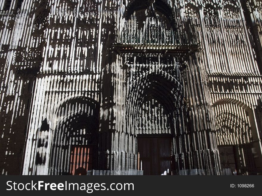 Rouen Cathedral in France lit up by projected patterns and color. Tribute to Monet and his study of this building. Rouen Cathedral in France lit up by projected patterns and color. Tribute to Monet and his study of this building.