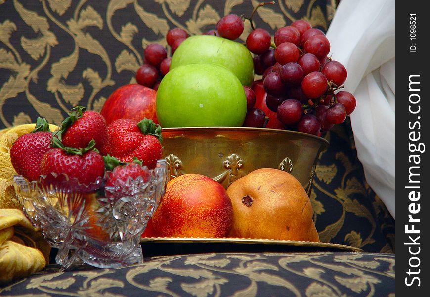 Brass Bowl of Fruit with cut glass and crystal