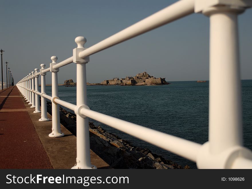 Castle view framed by railings