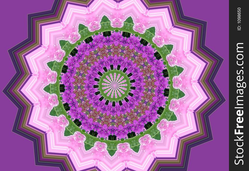 Pink and Lavendar are set off by touches of green in this kaleidescope. Pink and Lavendar are set off by touches of green in this kaleidescope.