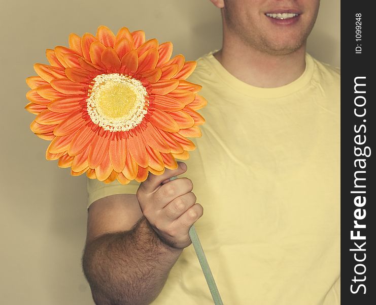 Man in yellow shirt holds orange, yellow flower. Man in yellow shirt holds orange, yellow flower