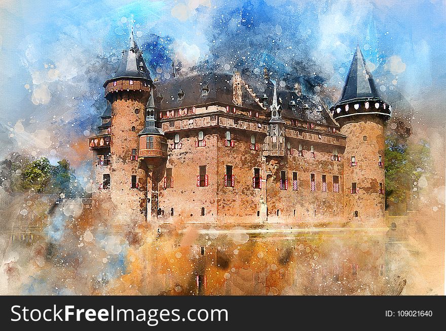 Landmark, Sky, Watercolor Paint, Castle