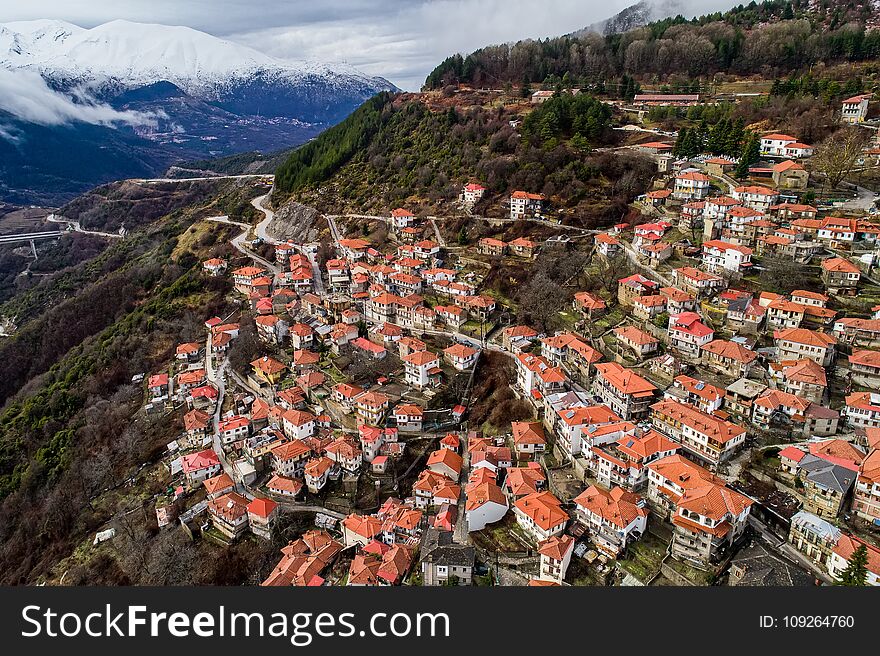 Aerial view of Metsovo is a town in Epirus, in the mountains of Pindus in northern Greece and attracts many visitors. Aerial view of Metsovo is a town in Epirus, in the mountains of Pindus in northern Greece and attracts many visitors