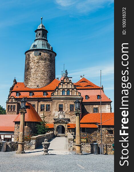 Czocha castle on blue sky, Poland