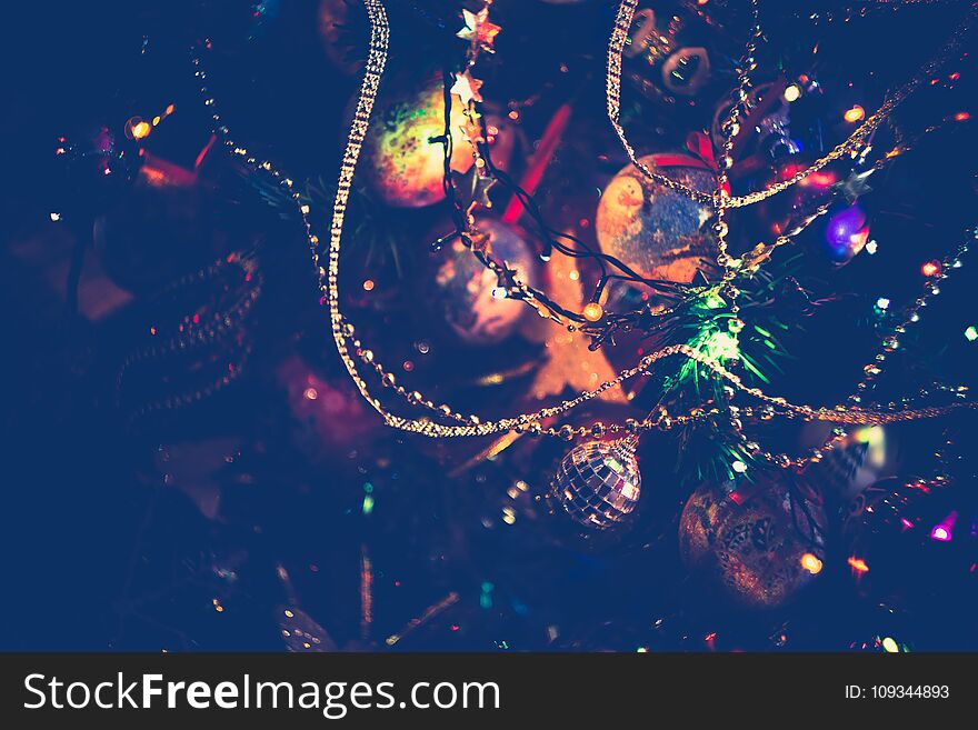 Christmas Lights And Decorations On Tree Retro