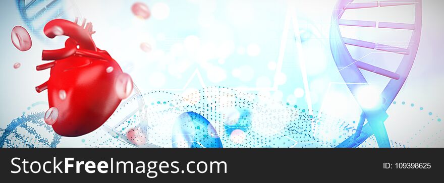 Digitally generated image of heart against blue chromosomes on blue background. Digitally generated image of heart against blue chromosomes on blue background