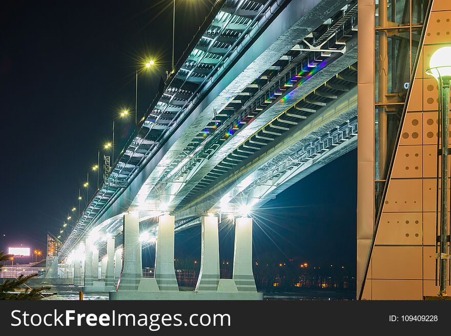 Night view of illuminated bridge above of river Don in Rostov-on-Don in Russia