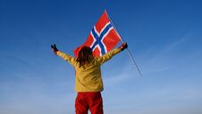 Man With Norway Flag On The Top Point. Succesful Winer Consept Stock Images