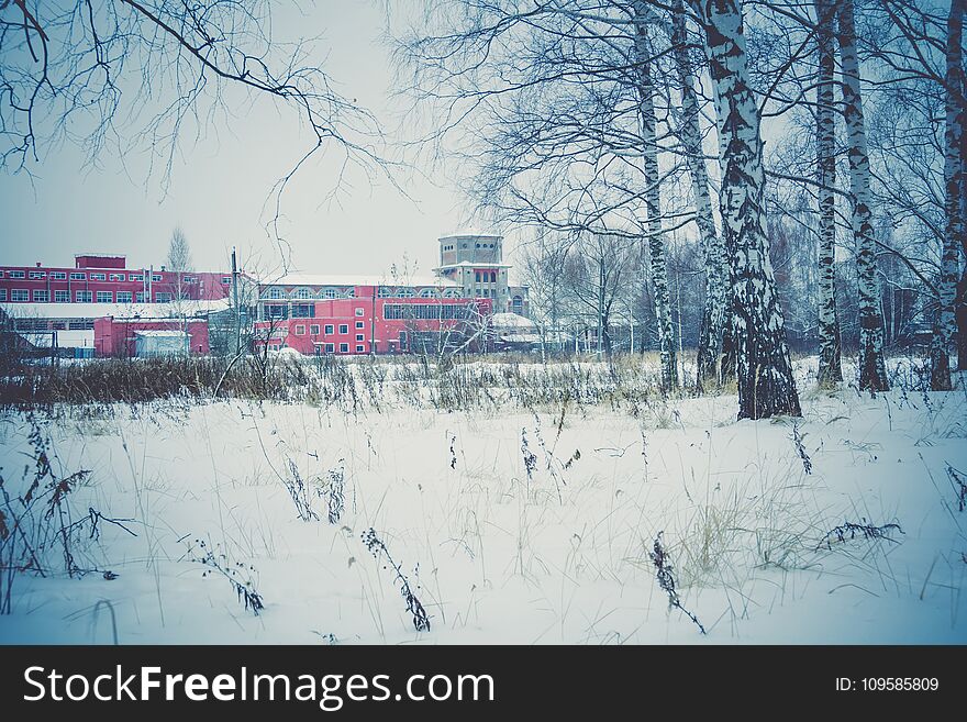 Vintage style red brick old factory, filtered winter time landscape. Vintage style red brick old factory, filtered winter time landscape.