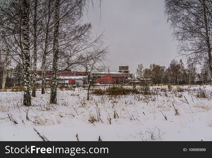 Vintage style red brick old factory, winter time landscape. Vintage style red brick old factory, winter time landscape.