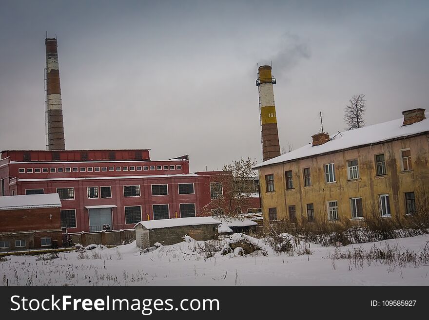 Vintage style red brick old factory, winter time landscape. Vintage style red brick old factory, winter time landscape.