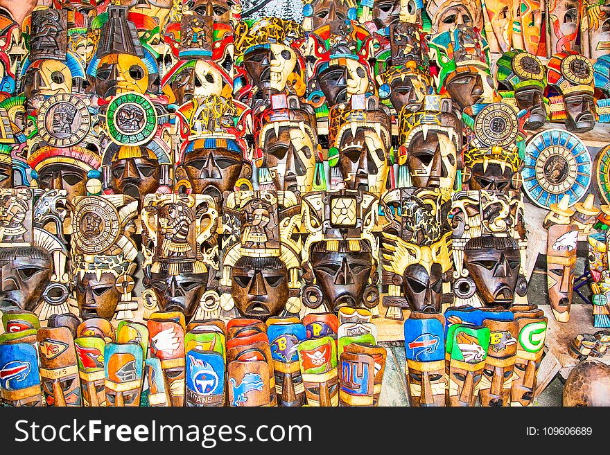 Colorful Mayan handcraft masks of indian culture in Jungle of Mexico. Colorful Mayan handcraft masks of indian culture in Jungle of Mexico.