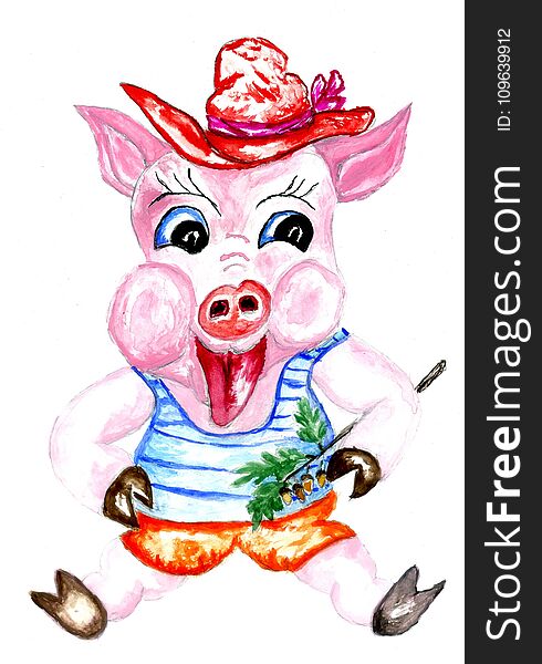 Cute cartoon pig illustration painted in watercolors. Cute cartoon pig illustration painted in watercolors.