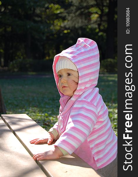 Little girl wearing a pink hood, enjoying the winter sun in a park. Little girl wearing a pink hood, enjoying the winter sun in a park