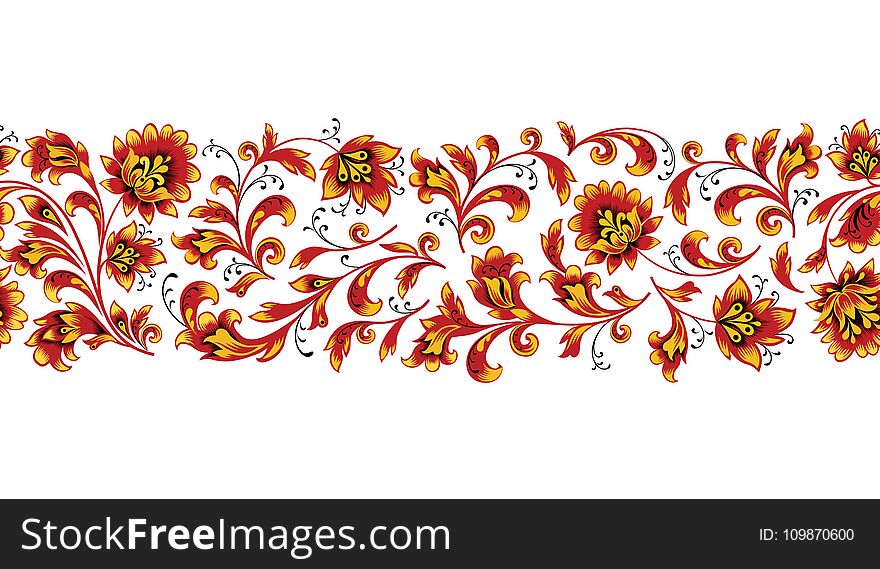 Floral seamless pattern design element. Flower border ornament. Ornamental flourish background, ethnic russian style over white background.