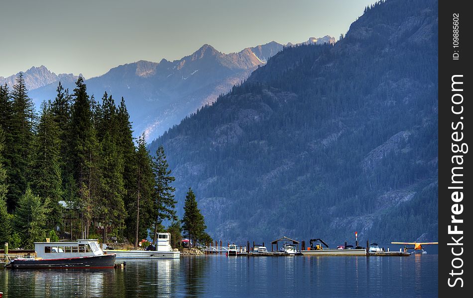 Body Of Water Near Mountain Covered By Trees With Grey Clouds Above During Daytime