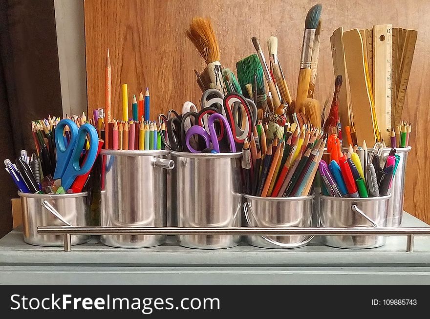 Pencils in Stainless Steel Bucket