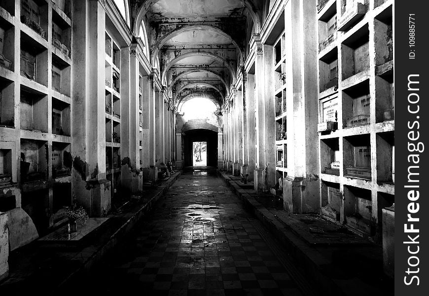 Grayscale Photo of Cemetery Hall
