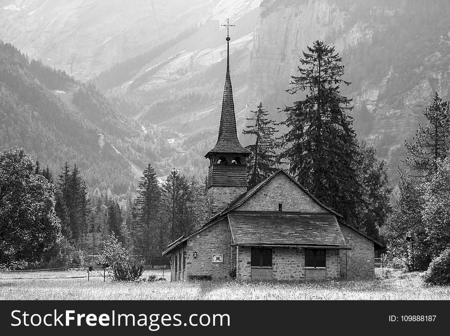 Church in the Open Field Near the Mountain