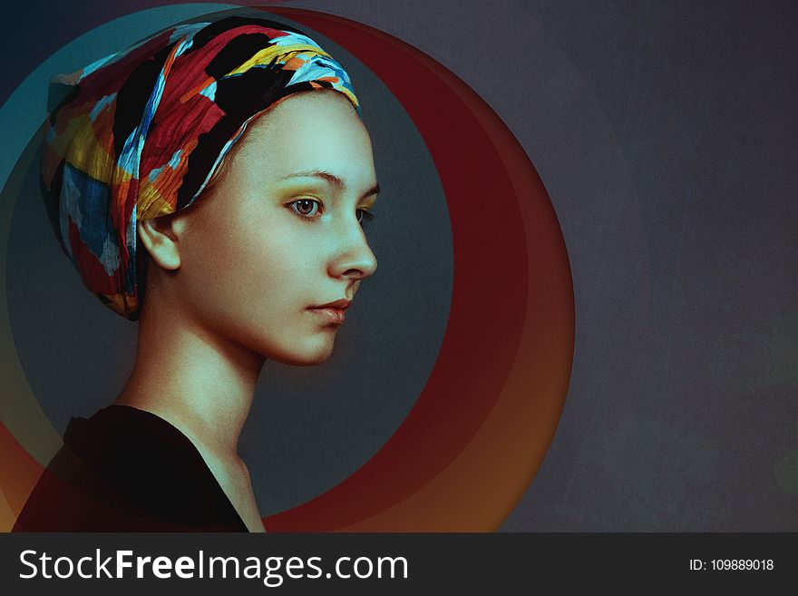 Woman Wearing Red Black and Yellow Turban and Black Dress Painting