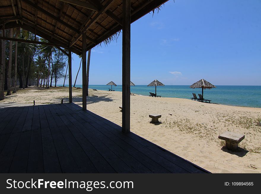 Beach, Chairs, Hut