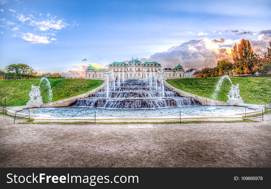 Calm, Clouds, Fountain