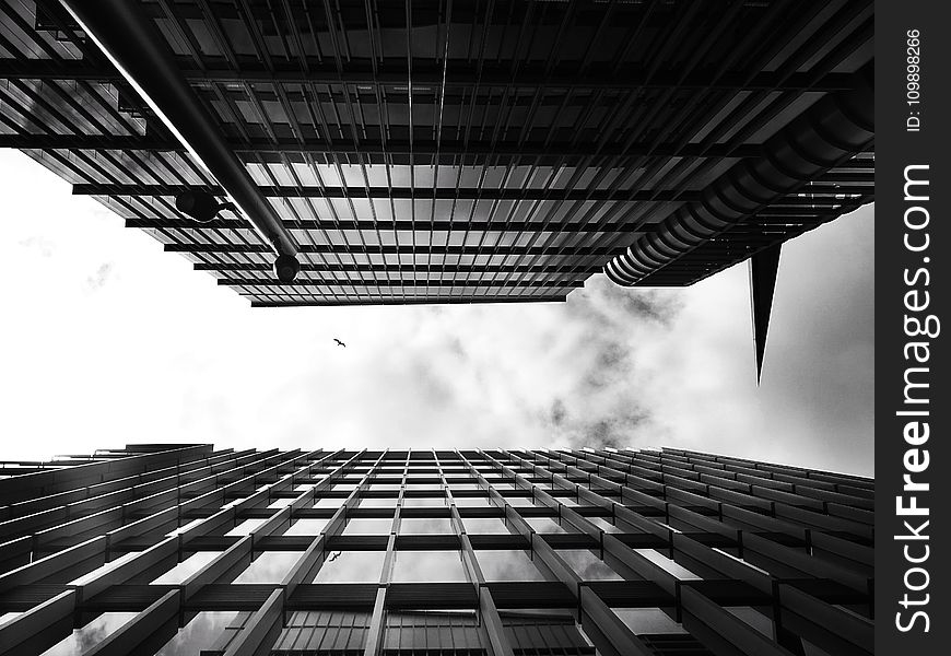 Black-and-white, Buildings, Clouds