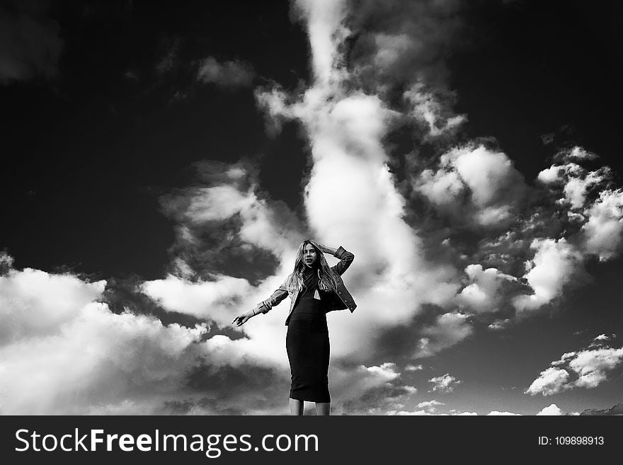 Black-and-white, Clouds, Dress