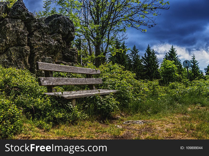 Bench, Clouds, Cloudy