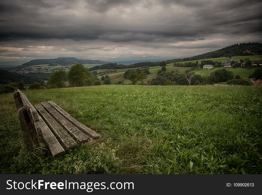 Bench, Clouds, Countryside