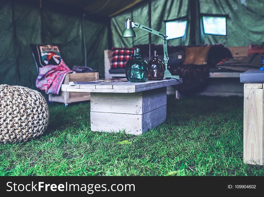 Interior of military tent / wooden table