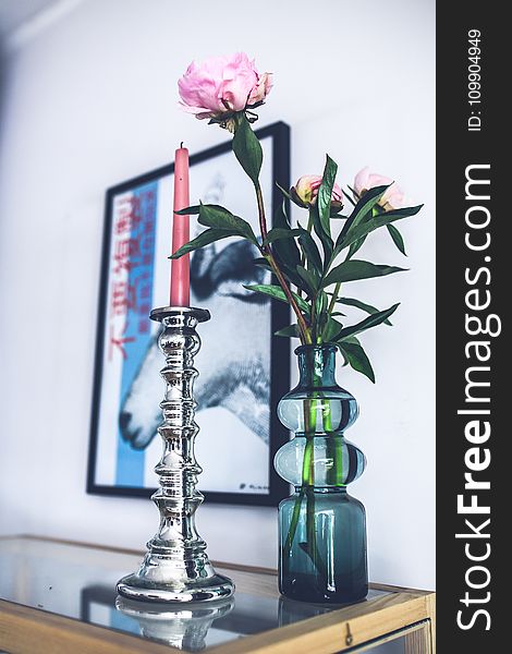 Silver candlestick & pink peonies